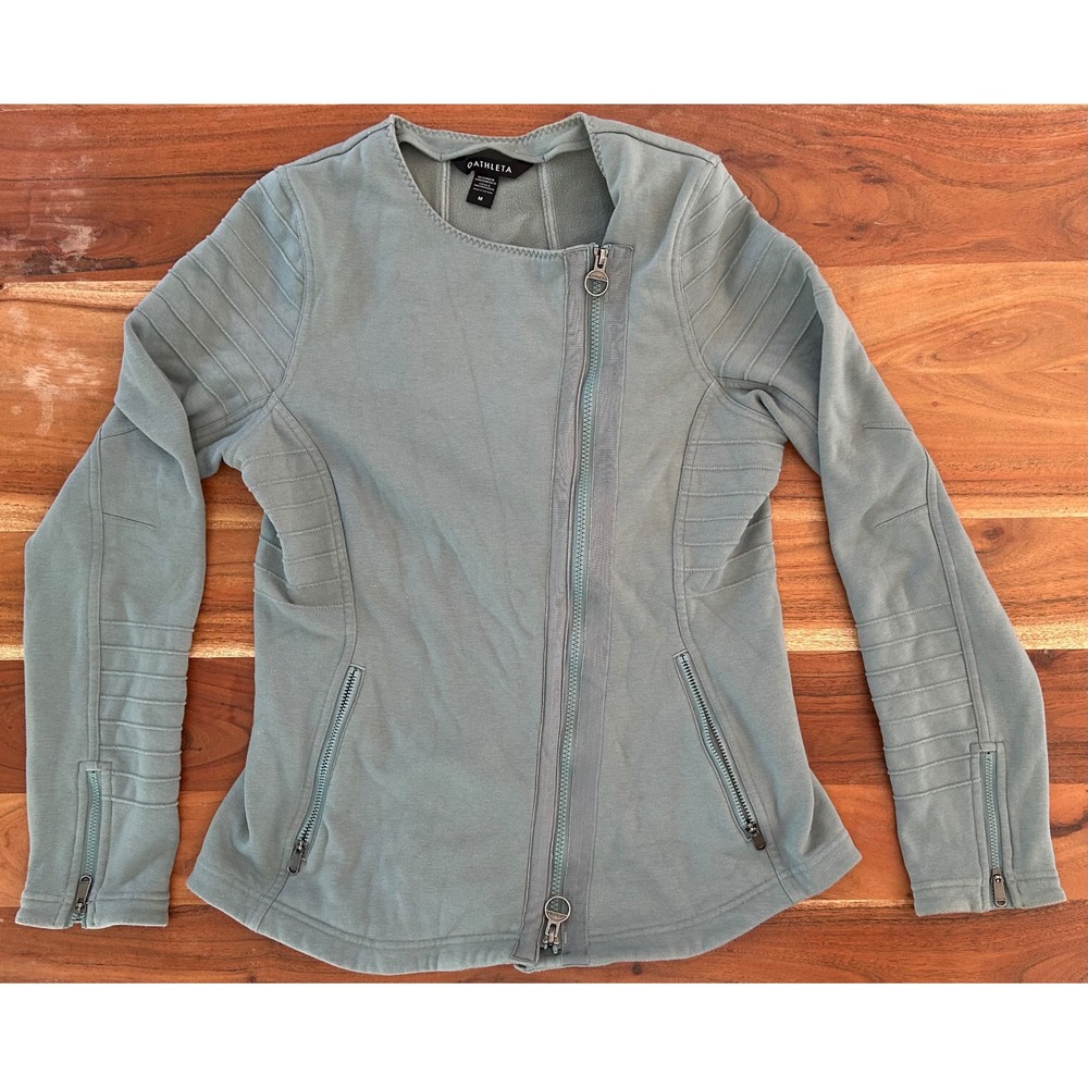 Athleta Moto Jacket Sage Green Asymmetrical Zip Fleece Sweatshirt Medium